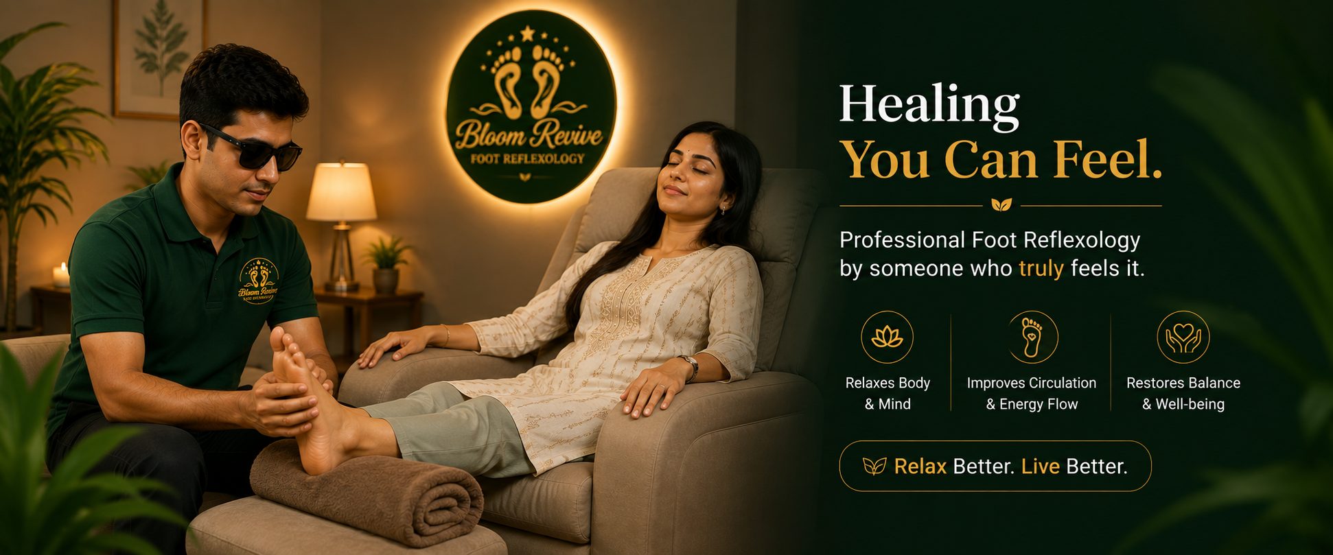 Practitioner giving a foot reflexology session at Bloom Revive, Kodambakkam